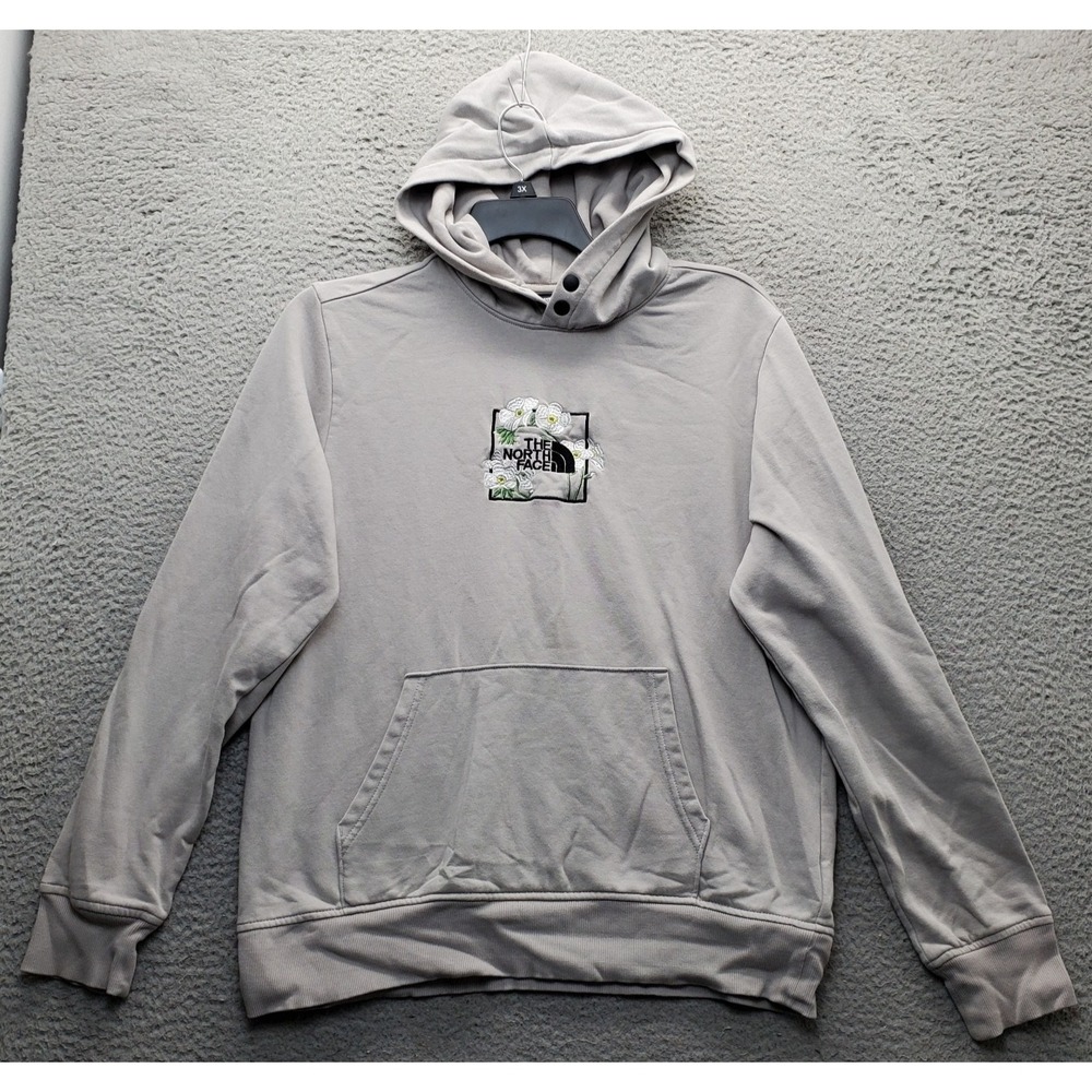 The North Face Hoodie Mens M Gray Floral Embroidered Logo Long Sleeve Snap Neck